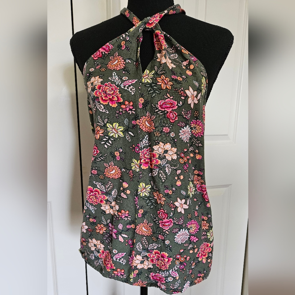 LOFT Olive Floral Halter Tank Top with Pink & Peach Flowers - Picture 1 of 12